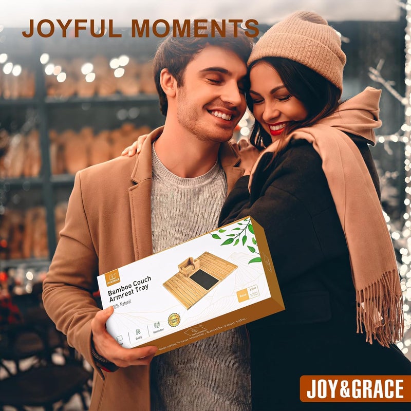 Joy&Grace Sofa Armrest Tray with Large Mug Holder, Bamboo Couch Arm Tray, Anti-Slip Couch Cup Holder Foldable Sofa Arm Table for Eating Drinks Cellphone (Color Natural) - Image 4